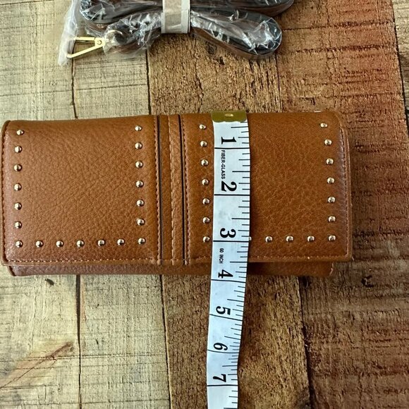 Montana West brown cluch with strap, brass studded 8" - Picture 4 of 11